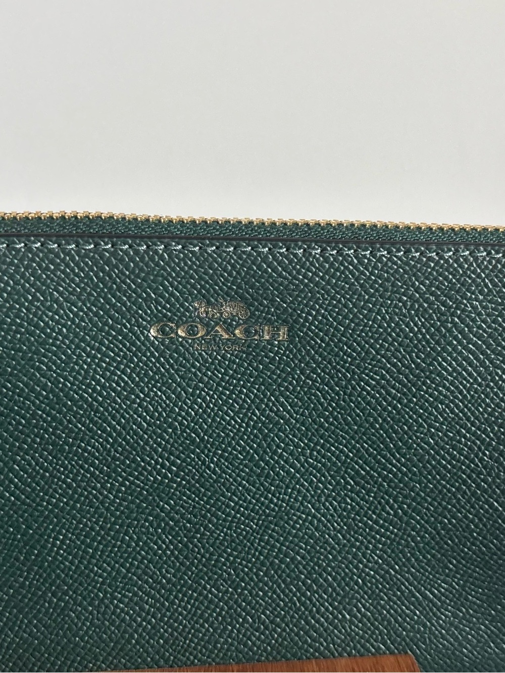 Coach Green Saffiano Cosmetic Pouch with Gold Logo